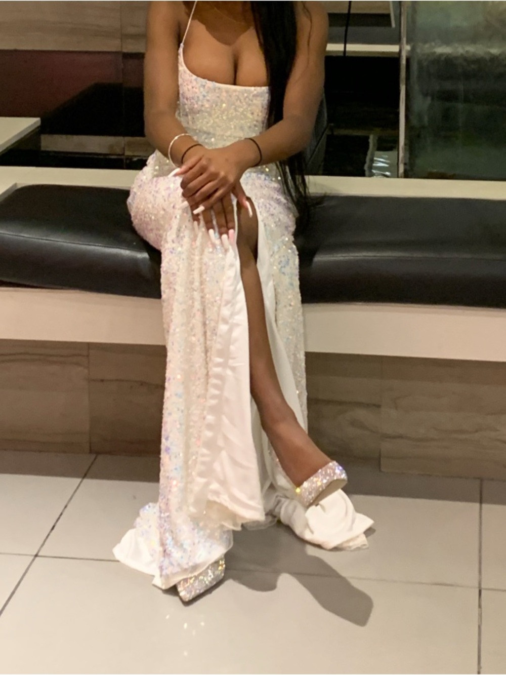 Sparkling White Sequin Spaghetti-Strap Prom Gown with Front Slit